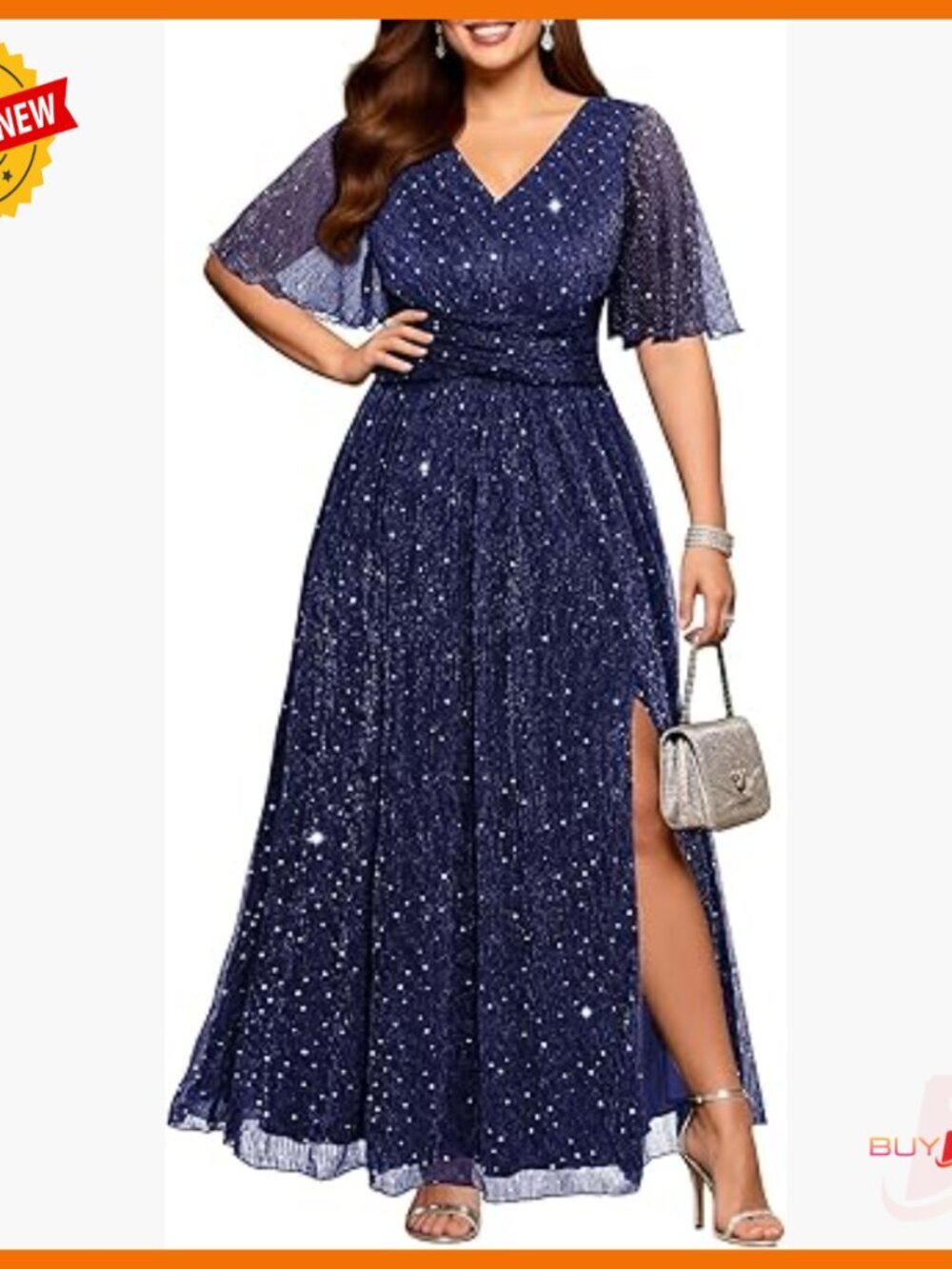 Plus Size Formal Sequin Gown V-Neck Flutter Sleeve Long Evening Dress